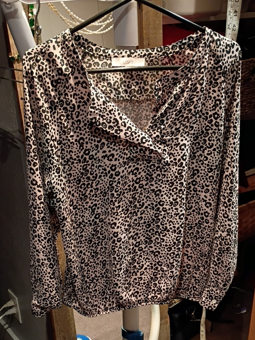 LOFT Black and Beige Leopard-Print Long Sleeve Blouse